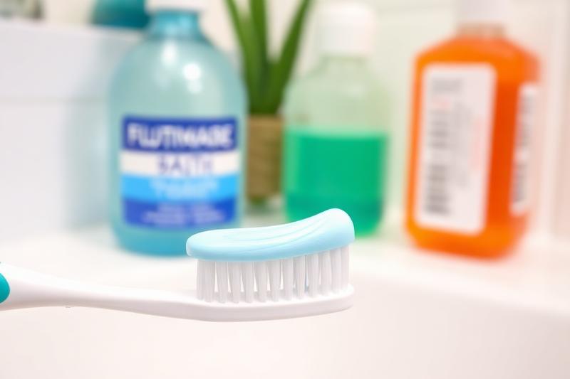 Fluortannkrem på tannbørste med munnhygieneprodukter i bakgrunnen