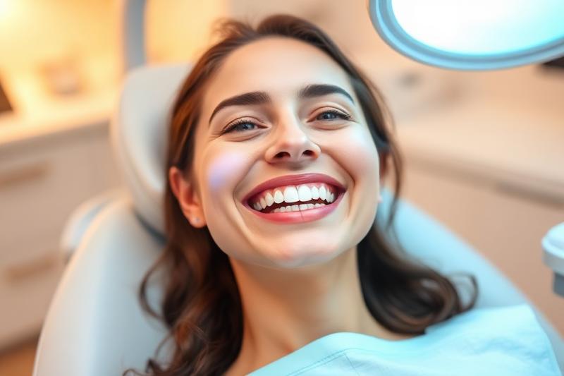 Kvinne med hvitt smil etter profesjonell tannbleking