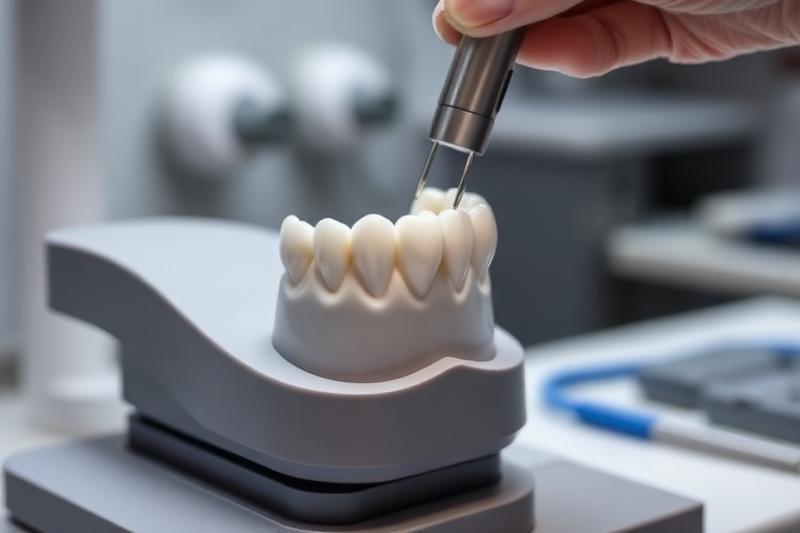 Porselens tannkrone på tannmodell i dentalt laboratorium