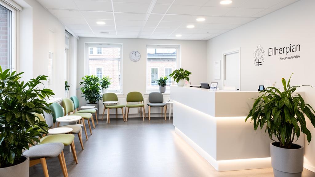 Moderne tannklinikk-resepsjon med skandinavisk interiør