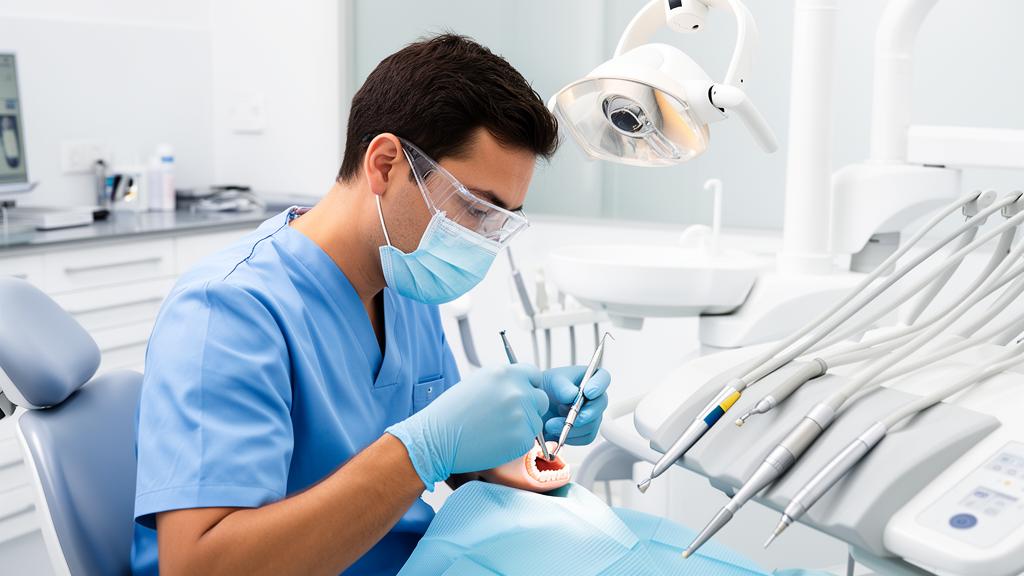 Tannlege arbeider med spesialinstrumenter i en moderne klinikk