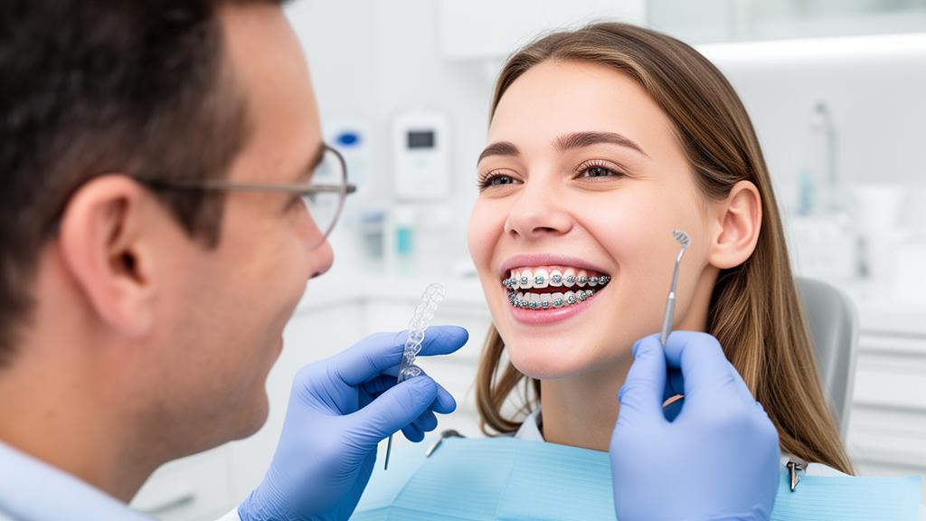 Pasient med tannregulering under konsultasjon hos tannlege